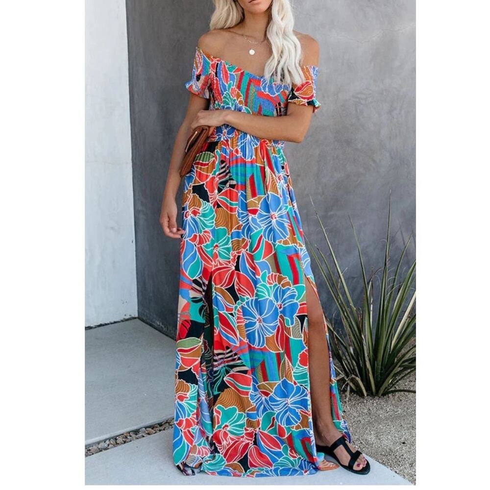 Aakaa Tropical Print Smocked Maxi Dress Off-the-Shoulder Design Size Medium NWOT